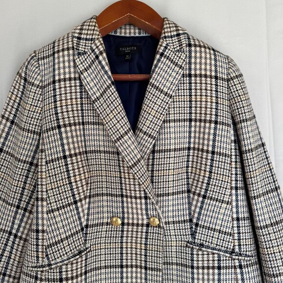 Talbots Petite Brown Ivory Blue Plaid Gold Double Breasted Blazer Size 16 Petite - Picture 3 of 15